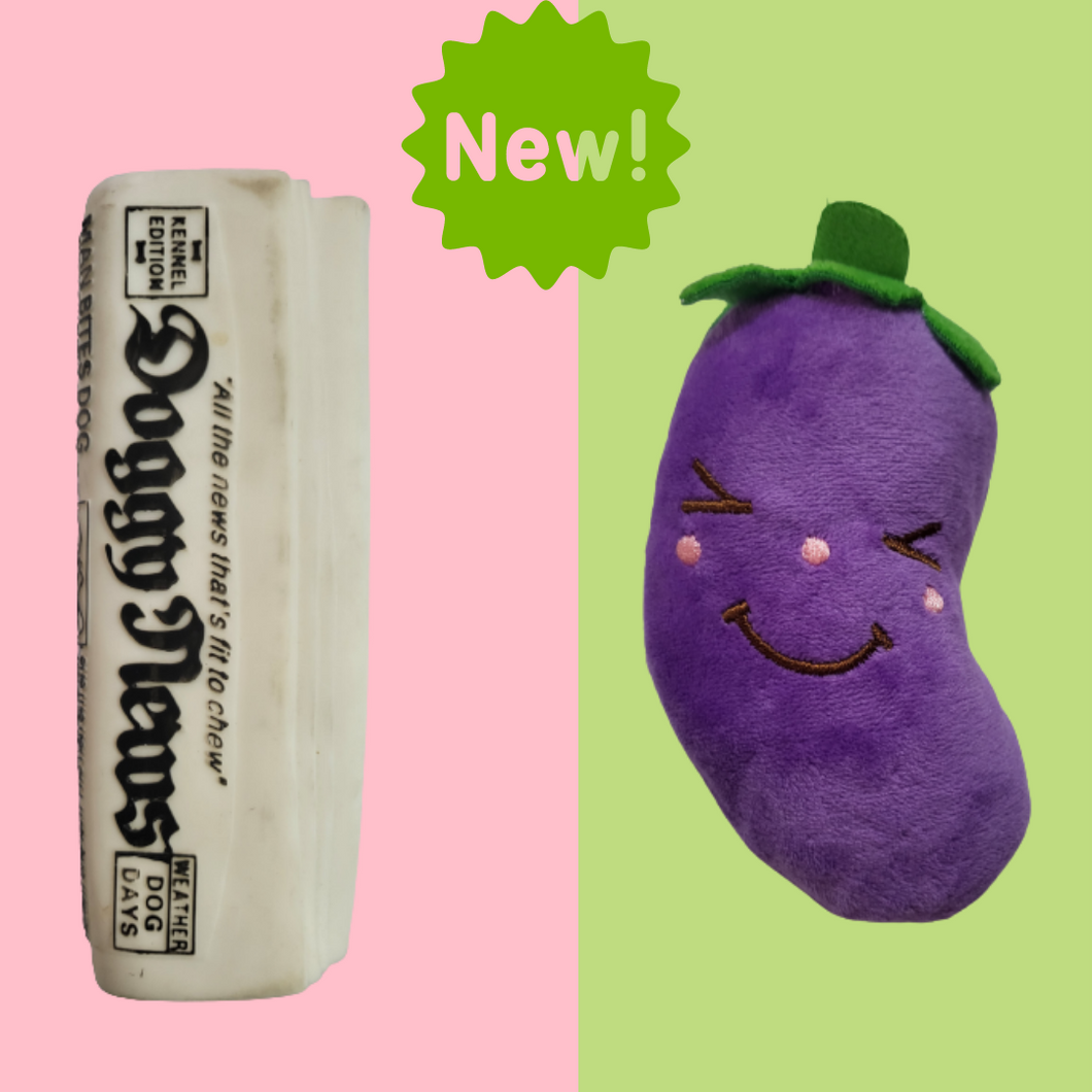 Squeaky newspaper and squeaky Veggie plush toy