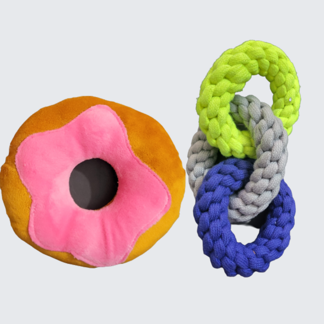 Squeaky Donut plush Toy and Triple ring rope toy